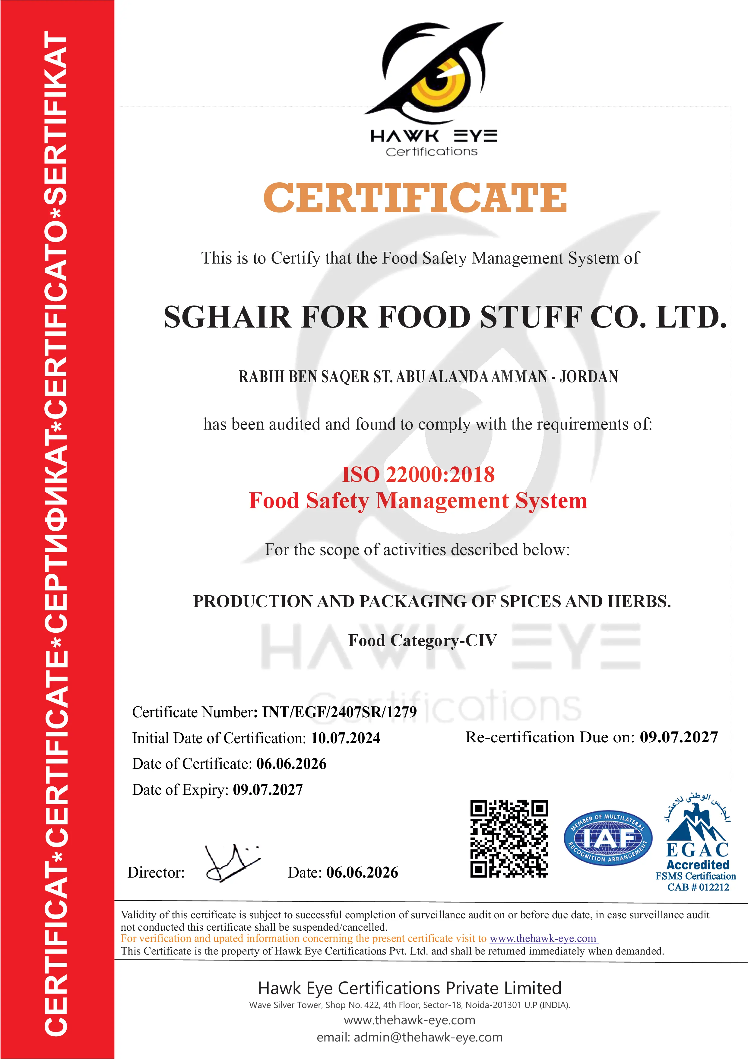 ISO 22000 Food Safety Certificate